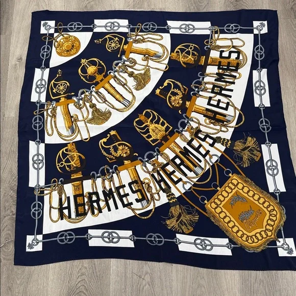 Hermes Navy, Gold & White Silk Scarf with Equestrian Hardware Motif - Picture 4 of 5